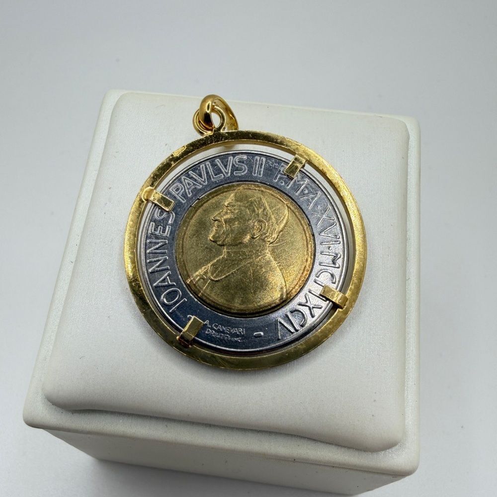 Vintage Pope John Paul 500 Lira Vatican Two-Tone Coin in 14k over 925 pendant!